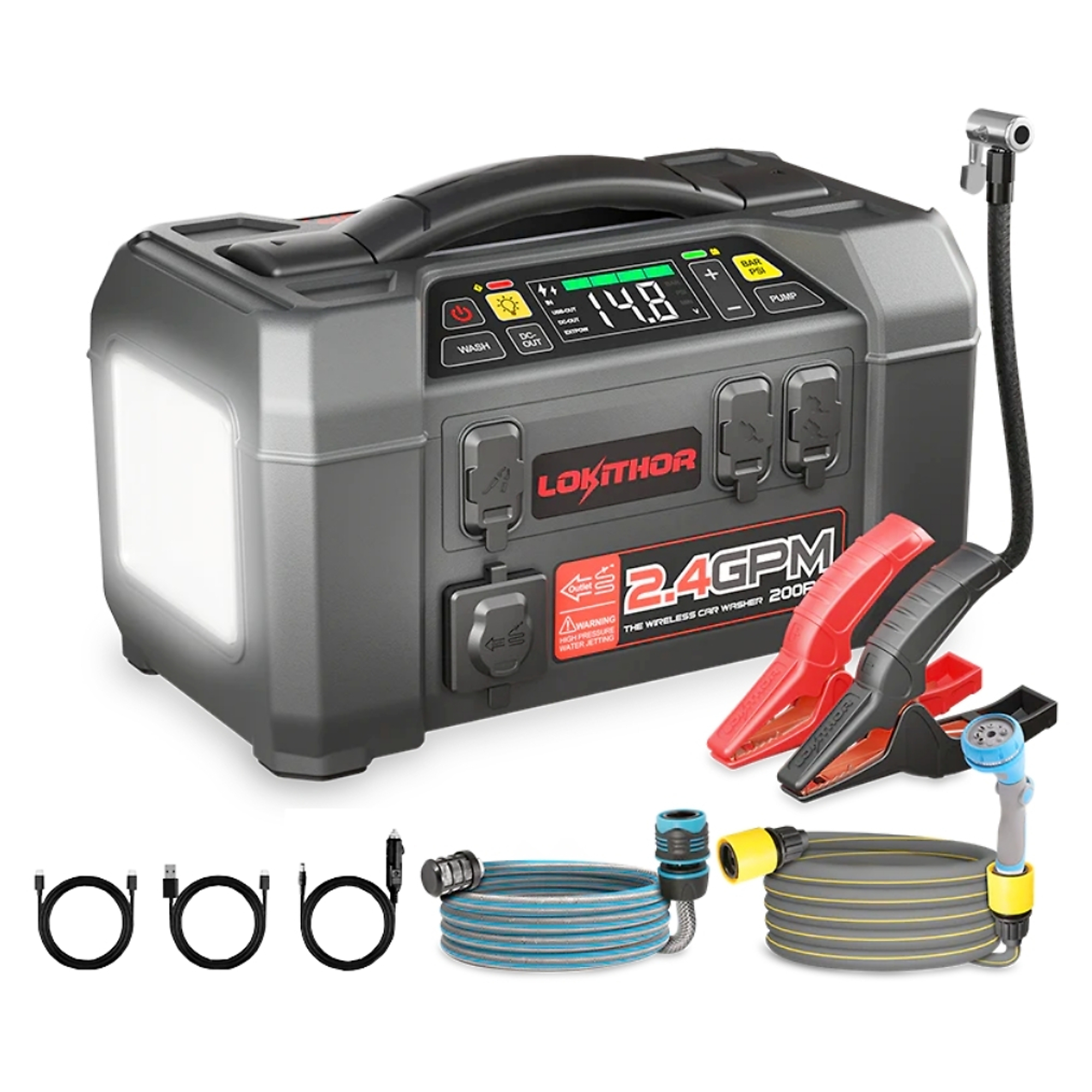 Lokithor - 5 in 1, 2,500 Amp Jump Starter,Water Pump,w/Air Compressor, Power Bank & Flashlight, Model# AW401